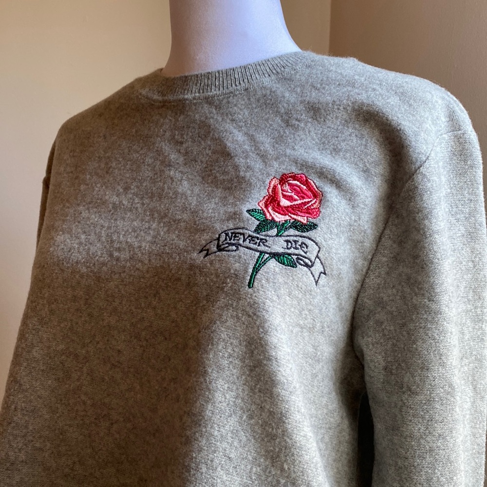 Sandro Paris 100% Wool Grey Sweater with “Never Die” rose embroidery - like new